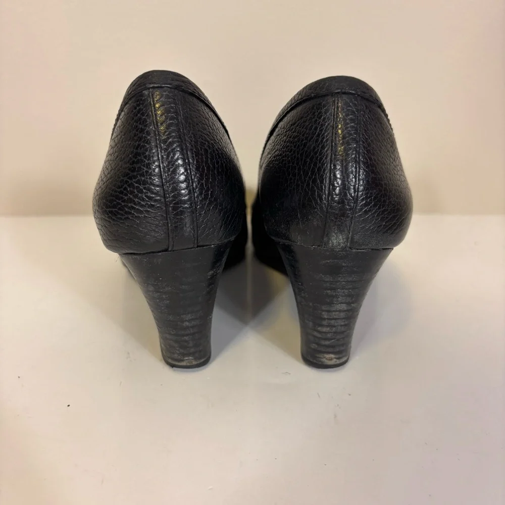 Tory Burch Black Leather Wedge Pumps with Gold Logo Trim 8.5‎